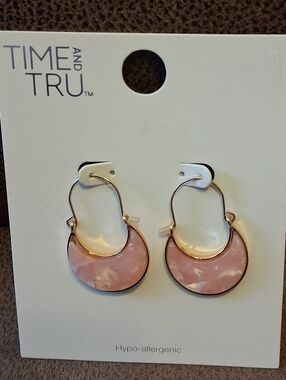 Time and Tru Gold-Tone Earrings with Pink Marbled Inlay